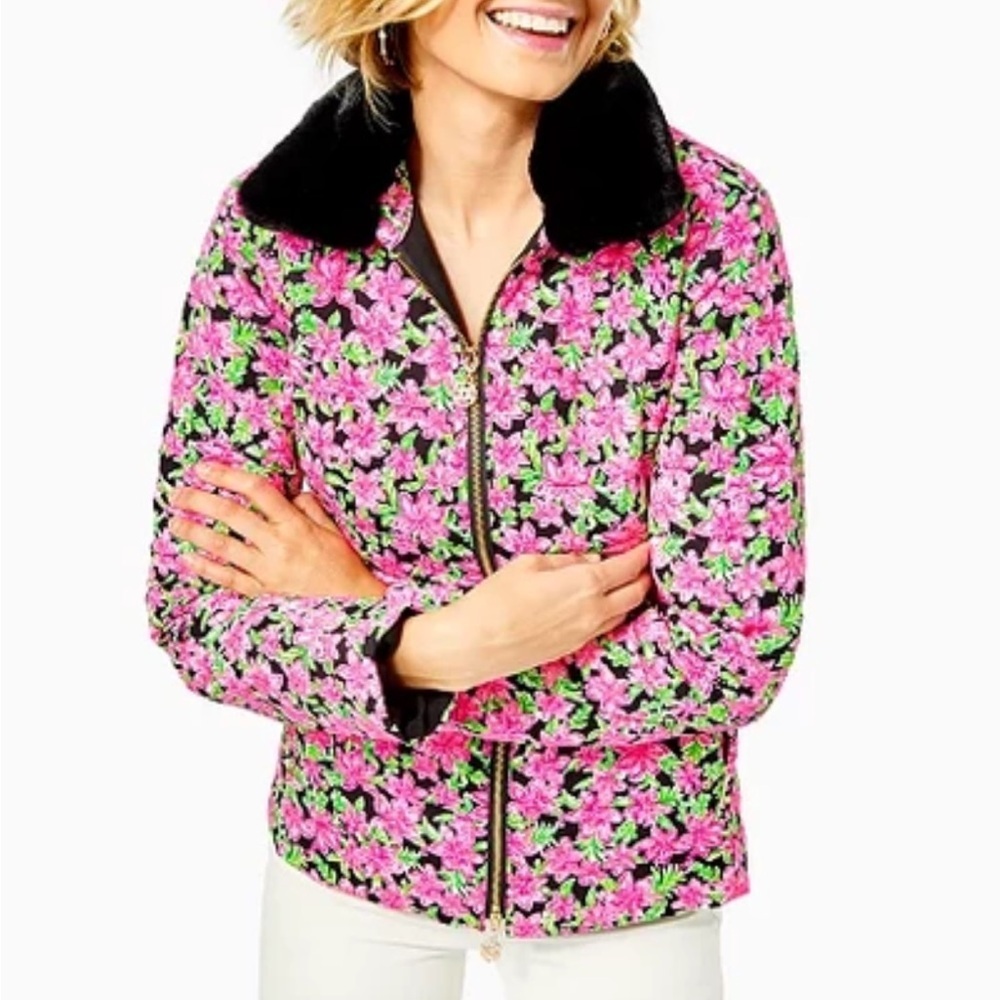 LILLY PULITZER Carrington Jacket Onyx Lil Lilly Black Down Filled Fur Collar 16
